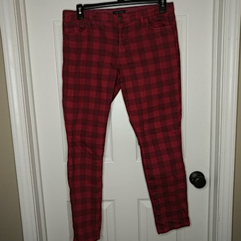 Tommy Hilfiger Red Plaid Denim Jeans Sz 10